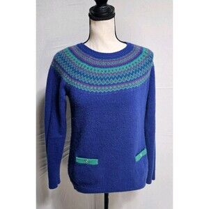 VTG Vineyard & Vines Fair Isle Yoked Womens Wool Sweater Pocket Accent, Blue MED